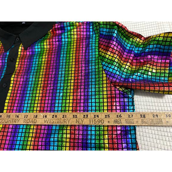 Men's Metalic Disco Rainbow Short Sleeve Button Shirt 2XL  27x30 - Picture 3 of 8